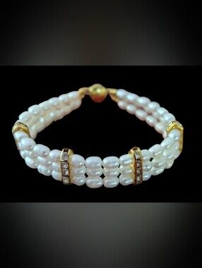 Triple-Row White Pearl Bracelet with Gold Crystal Spacers